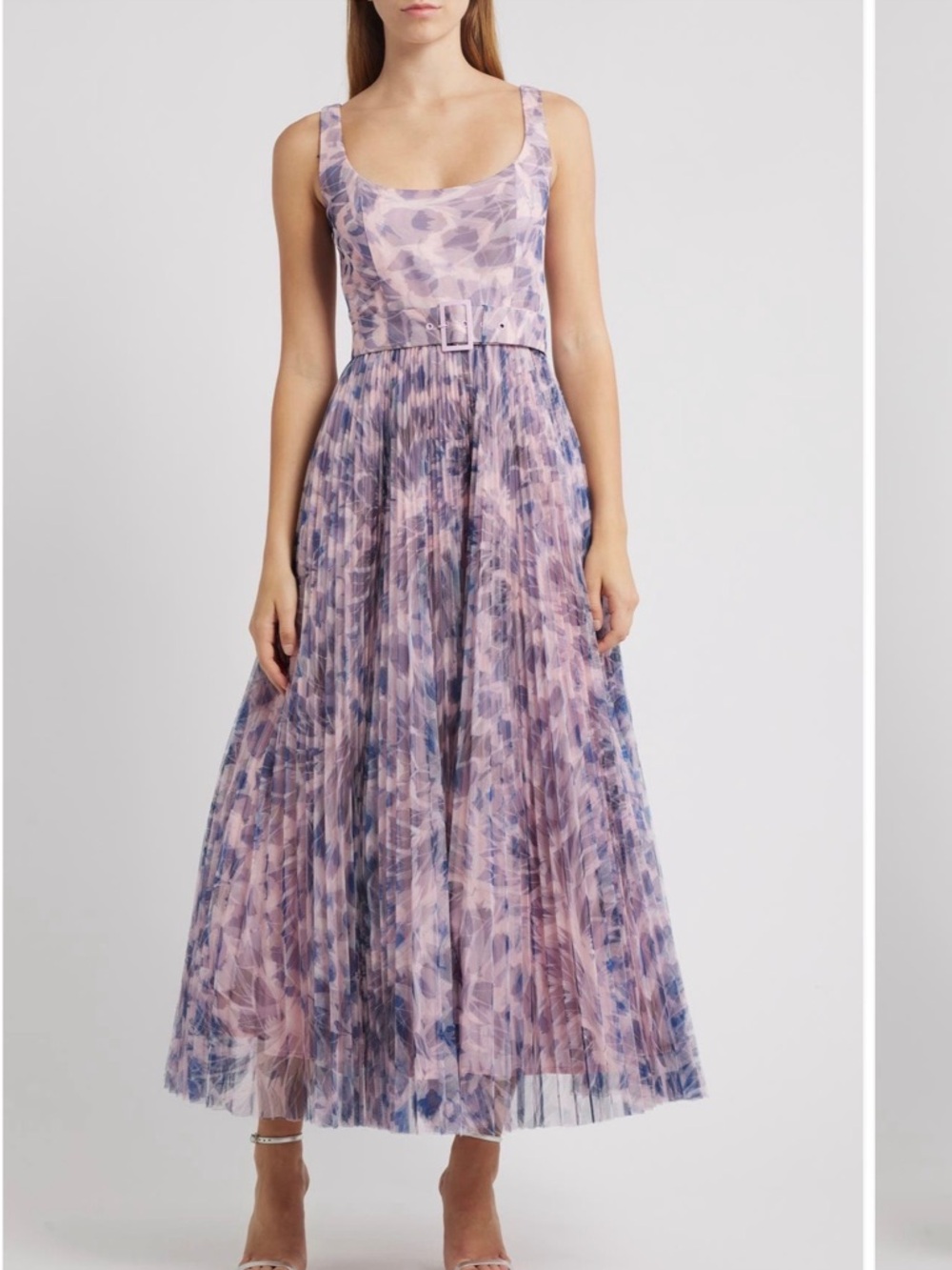 Hutch Pink and Lavender Printed Pleated Maxi Dress with Belt
